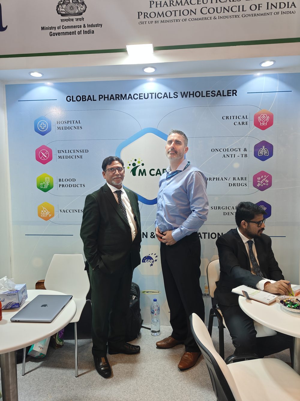 M Care Arab Health 2024 booth, category tiles wall with hospital medicines, critical care, oncology.
