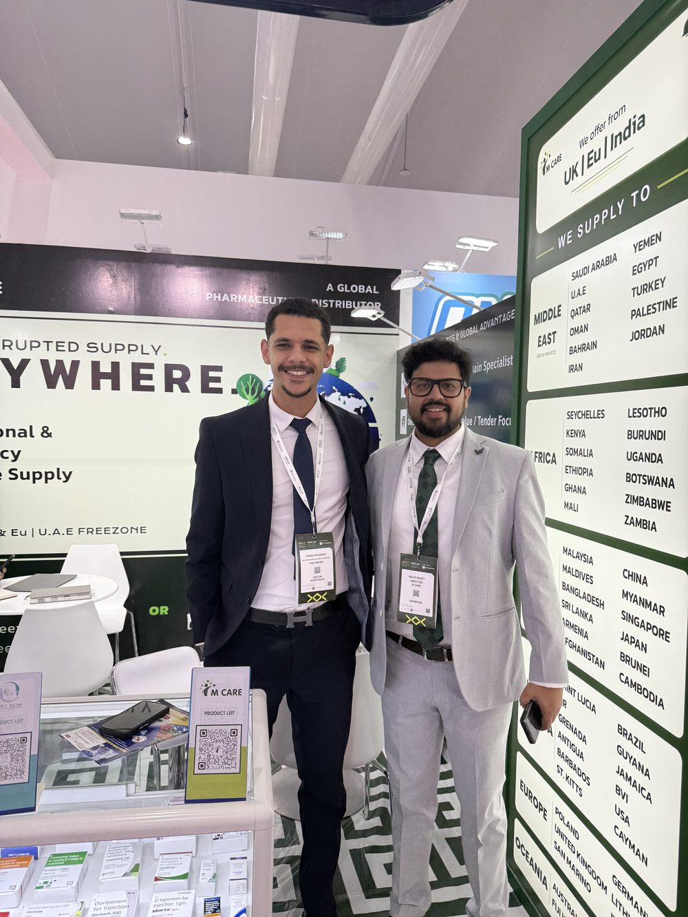 M Care display counter at WHX Dubai 2026 showing packaged pharmaceutical samples.