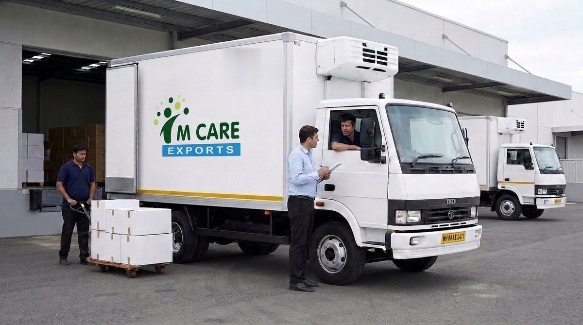 M Care Exports refrigerated box truck being loaded with insulated cold-chain shippers at a pharmaceutical distribution depot