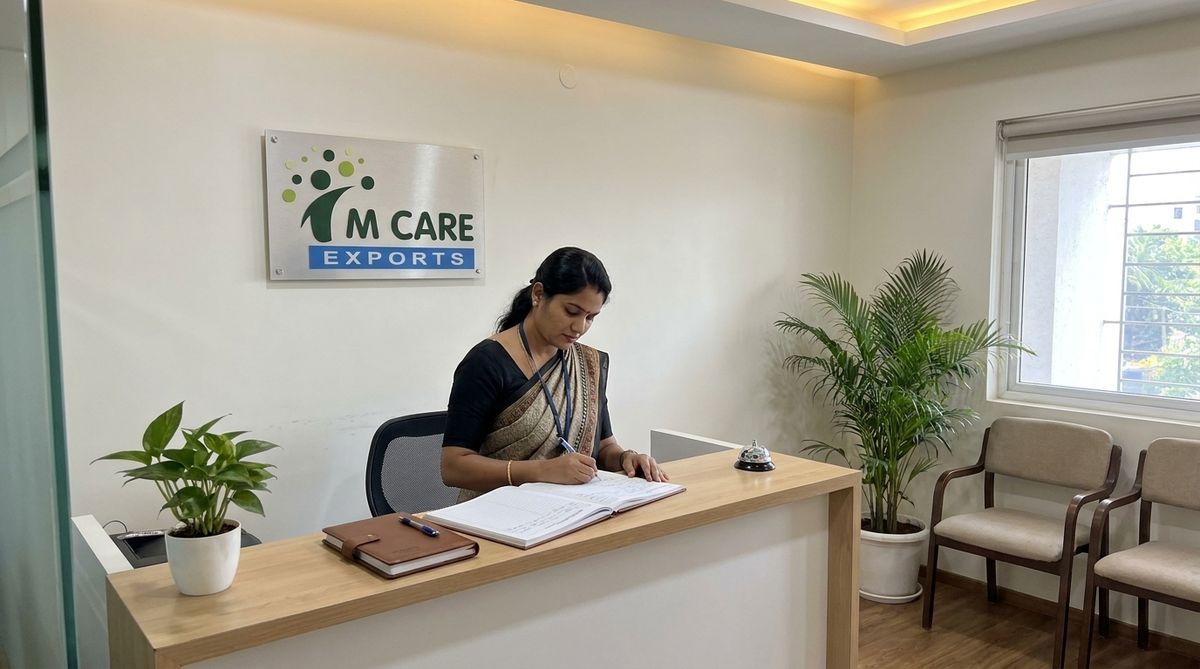 Reception of the M Care Exports office with the company sign behind the counter and a receptionist at work
